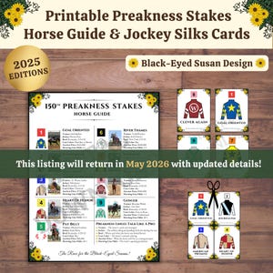 Preakness afdrukbare Jockey Silks-kaarten en paardengids, 2025 Black Eyed Susans Race, decor van postposities, directe pdf-download