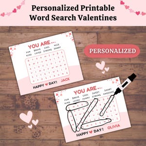 Caça-palavras Valentine personalizado, PDF para impressão Nome e palavras personalizados, perfeito para a escola, festa de dia dos namorados sem doces