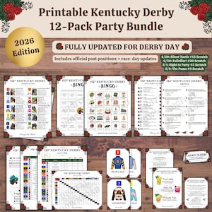 May include: A printable Kentucky Derby 12-pack party bundle with a 2026 edition. Includes horse guides, bingo cards, trivia, and jockey sliders. Features official post positions and race-day updates. The bundle is decorated with red roses.