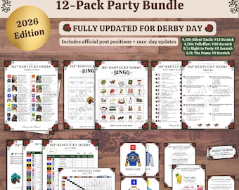 May include: A printable Kentucky Derby 12-pack party bundle with a 2026 edition. Includes horse guides, bingo cards, trivia, and jockey sliders. Features official post positions and race-day updates. The bundle is decorated with red roses.