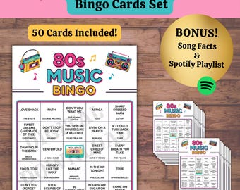 80s Music Bingo Game: 50 Printable Cards, Trivia & Spotify Playlist (PDF Download)