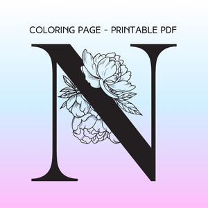 Página para colorear de la letra N para niños / PDF imprimible / Monograma floral N, hoja para colorear del alfabeto para niños / Descarga digital instantánea