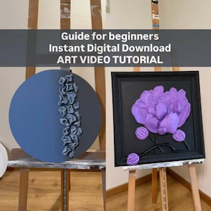 May include: A digital art video tutorial guide for beginners featuring two projects: a circular blue panel with textured gray elements and a square black frame containing a three-dimensional purple flower with buds on a black background.