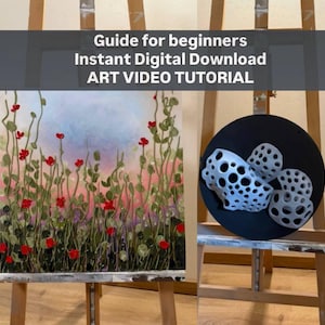 Puede incluir: Una guía de tutorial de arte digital con una pintura cuadrada de flores rojas sobre tallos verdes contra un cielo azul y rosa suave, junto a un tablero negro circular que muestra tres objetos 3D blancos, porosos y orgánicos.