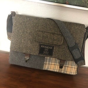 Upcycled Herringbone Laptop Messenger Bag: 15&quot; Macbook with Laptop Sleeve