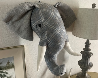 Elephant head wall décor  head wall mount| Faux taxidermy wall mount  | Stuffed animal | Nursery decor | Hand made from recycled wool