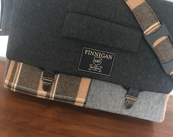 Bolso bandolera de lana reciclada, funda para portátil de 15 pulgadas, detalles a cuadros