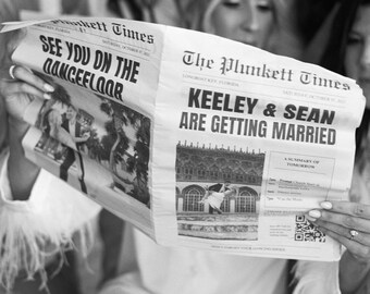 Plantilla de periódico de boda con fotos, plantilla de periódico de boda, programa de boda, itinerario de periódico editable en Canva, crucigrama de boda