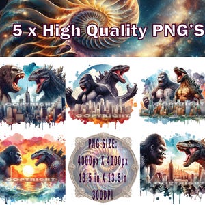 May include: Five digital illustrations of King Kong and Godzilla facing off in a city setting. The illustrations are in a watercolor style with a colourful background. The PNG files are 4000 pixels by 4000 pixels and 300 DPI.