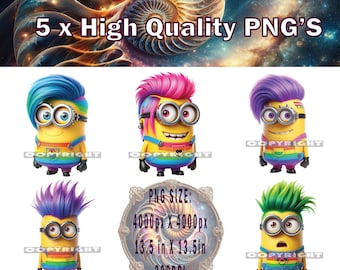 Minion PNG x 5, Minion Colorful Hair png, Minion T-shirt Design, Minion Cake Topper, Minion Sublimation, Minion PNG
