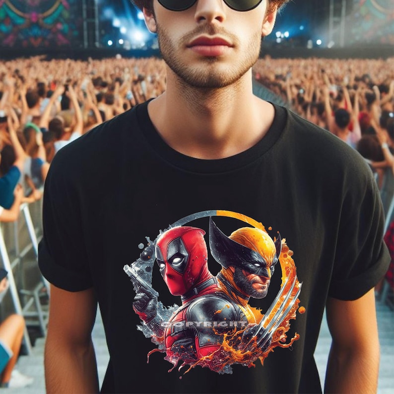Op de afbeelding: Zwart T-shirt met een grafische print van Deadpool en Wolverine in een vurige cirkel. De afbeelding toont de gezichten van de personages en hun kenmerkende wapens.