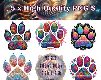May include: Five colorful paw prints with intricate designs. Each print is a high-resolution PNG image, measuring 4000 pixels by 4000 pixels, or 13.5 inches by 13.5 inches at 300 DPI.
