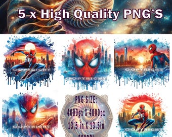 Spiderman PNG x 5, Spiderman T-shirt Design, Spiderman Sublimation, Spiderman Cake Topper, Spiderman Clipart, Spiderman Digital Download