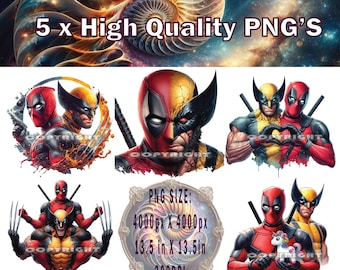 Deadpool and Wolverine, png x 5, Deadpool and Wolverine-T-shirtontwerp, Deadpool-sublimatie, Deadpool and Wolverine-film, png PNGEgg
