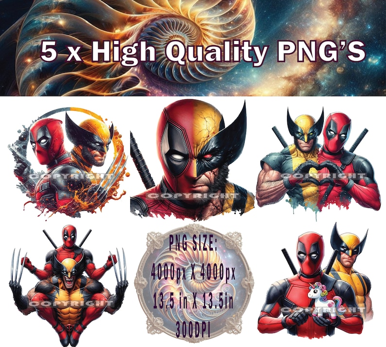 Op de afbeelding: Vijf digitale illustraties van Deadpool en Wolverine in verschillende poses. De afbeeldingen zijn hoogwaardige PNG-bestanden, 4000 pixels bij 4000 pixels, 13,5 inch bij 13,5 inch en 300 DPI.