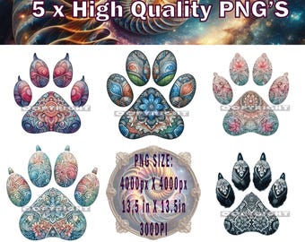 May include: Five high-quality digital images of colorful paw prints with intricate mandala designs. Each image is 4000 pixels by 4000 pixels and measures 13.5 inches by 13.5 inches at 300 DPI.