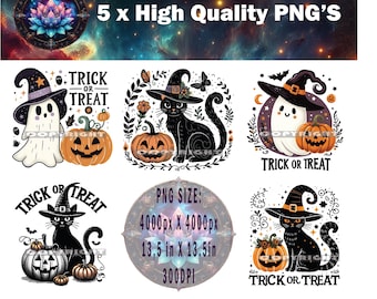 Trick or Treat Halloween PNG x 5, Halloween Ghost and Cat-sublimatie, Halloween T-shirt Design, Halloween-clipart, Instant Download
