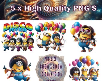 Minion Birthday PNG x 5, Minion 70's Party png, Minion Birthday T-shirt Design, Minion Cake Topper, Minion Sublimation, Minion PNG.