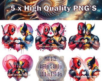 Deadpool and Wolverine, png x 5, Deadpool and Wolverine T-shirtontwerp, Deadpool-sublimatie, Deadpool and Wolverine Valentijnsdag, Valentijnsdag png