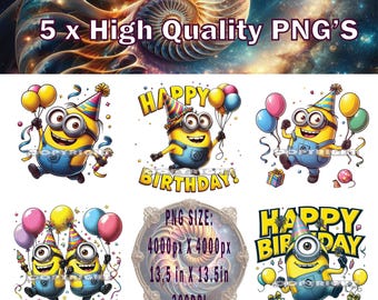Minion Birthday PNG x 5, Minion Birthday Party png, Minion Birthday T-shirt Design, Minion Cake Topper, Minion Sublimation, Minion PNG