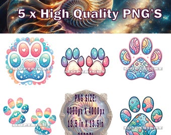 May include: Five colorful paw print designs in PNG format. Each design features a different pattern and color scheme, including pink, blue, and green. The paw prints are 4000 pixels by 4000 pixels and 300 DPI.