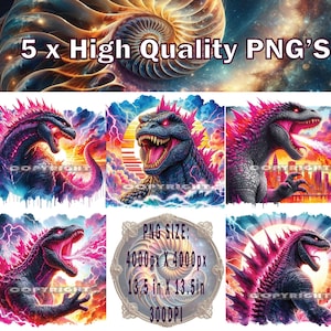 Godzilla PNG x 5, Godzilla Sublimation, Godzilla Tshirt Design, Godzilla vs Kong PNG, Godzilla Clipart, Godzilla Cake Topper.