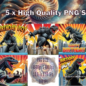 Godzilla Birthday PNG x 5, Godzilla Sublimation, Godzilla T-shirt Design, Godzilla PNG, Godzilla Cake Topper, Godzilla Birthday Boy png