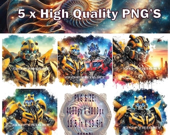 May include: Five digital illustrations of a yellow and black robot character with blue eyes. The robot is set against a colorful, abstract background. The illustrations are high-resolution PNG files, measuring 4000 pixels by 4000 pixels, or 13.5 inches by 13.5 inches at 300 DPI.
