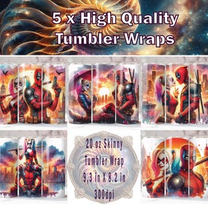 May include: Five 20 ounce skinny tumbler wraps featuring a graphic design of Harley Quinn and the Joker from the DC Comics universe. The design is a colorful illustration of the characters in a romantic setting. The wraps are 9.3 inches by 8.2 inches and 300 dpi.