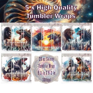 Godzilla vs Kong Tumbler Wrap x 5, 20 oz Tumbler Wrap, Godzilla Sublimation, Godzilla vs Kong PNG, Godzilla Tumbler Wrap, Kong Tumbler Wrap