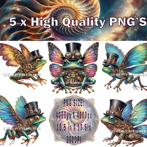 May include: Five digital illustrations of steampunk frogs with wings. Each frog is wearing a top hat and has intricate gears and clockwork details. The wings are colourful and have a variety of patterns. The background is a dark blue with stars.