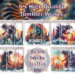 Mechagodzilla Tumbler Wrap x 5, 20 oz Tumbler Wrap, Godzilla Sublimation, Godzilla vs Mechagodzilla PNG, Godzilla Tumbler Wrap.