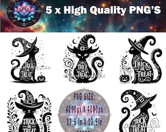 Trick or Treat kat PNG x 5, Halloween Cat-sublimatie, Halloween T-shirt Design, Halloween-clipart, Black Cat PNG, Instant Download