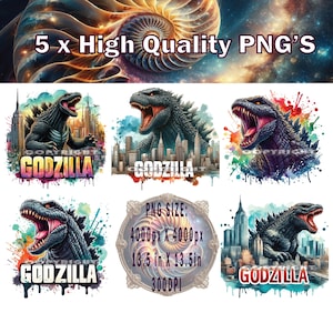 Könnte beinhalten: Fünf digitale Illustrationen von Godzilla, einem riesigen Monster, im Aquarell-Stil. Jedes Bild zeigt Godzilla in einer anderen Pose, mit einer Stadtlandschaft im Hintergrund. Die Bilder sind von hoher Qualität und haben eine Auflösung von 4000 Pixel mal 4000 Pixel, oder 13,5 Zoll mal 13,5 Zoll bei 300 DPI.