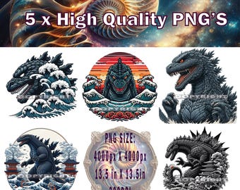 Godzilla PNG x 5, Godzilla Sublimation, Godzilla T-shirt Design, Godzilla vs Kong PNG, Godzilla Clipart.  Godzilla Cake Topper. Godzilla PNG