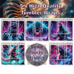 Godzilla Tumbler Wrap x 5, Godzilla Sublimation, 20 oz Tumbler Wrap, Godzilla vs Kong PNG, Godzilla PNG, Neon Godzilla PNG