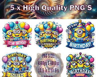 Minion Birthday Squad PNG x 5, Minion Birthday Party png, Minion Birthday T-shirt Design, Minion Cake Topper, Minion Sublimation, Minion PNG