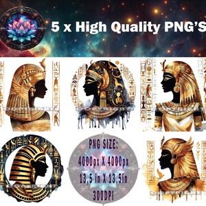 May include: A digital art collection featuring five high-quality PNG images of Egyptian queens in profile, adorned with gold headdresses and jewelry. The images are set against a cosmic background and include the text "5 x High Quality PNG'S" and "PNG SIZE: 4000px X 4000px, 13.5 in X 13.5 in, 300DPI."