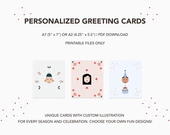 May include: Three printable greeting card designs featuring custom illustrations. The first card has a winter theme with a girl wearing a green hat and a white scarf. The second card has a pink background with hearts and a girl with brown hair. The third card has a blue background with confetti and a person wearing a blue hat and holding a birthday cake.