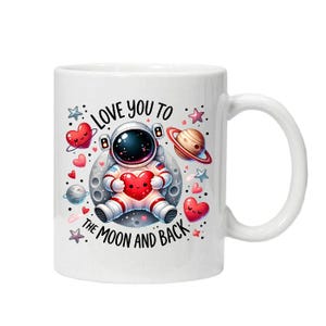 Taza de astronauta moderna con la frase "Te amo hasta la luna y de regreso" de cerámica de 11 oz. Viene en caja lista para regalar
