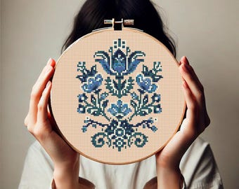 May include: A blue and green floral embroidery pattern on a round, wooden embroidery hoop.