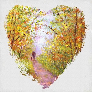 Tarjeta de felicitación para caminantes con árboles otoñales en el bosque ~ Un paseo otoñal ~ Corazón