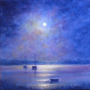 Carte de voeux paysage marin nocturne ~ Boats By Moonlight II