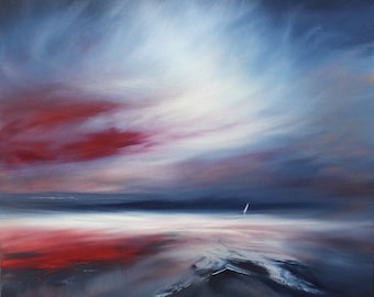 May include: A painting of a seascape with a single sailboat in the distance. The sky is a mix of blue, purple, and red, with clouds that appear to be moving. The water is a light blue, with a hint of red in the foreground.