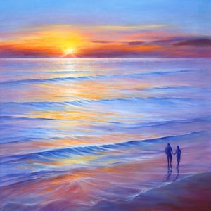Biglietto d'auguri con paesaggio marino al tramonto, coppia, spiaggia, romantico, un giorno da ricordare