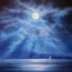Biglietto d'auguri con barche al chiaro di luna e paesaggio marino ~ Moondance