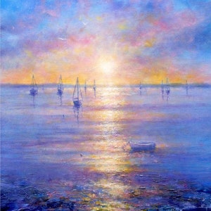 Biglietto d'auguri per barche con vista sul mare al tramonto ~ Tramonto sul porto