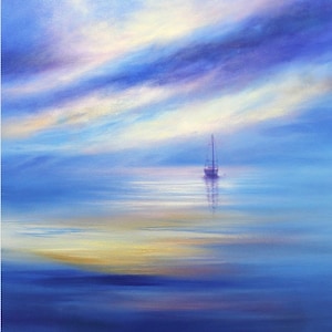 Tarjeta de felicitación con paisaje marino y barco al atardecer ~ Reflexiones serenas