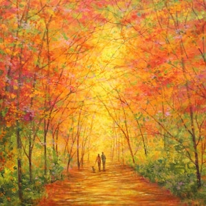 Tarjeta de felicitación con árboles del bosque otoñal ~ Luz del sol otoñal