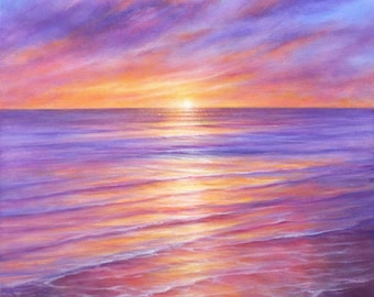 May include: A painting of a sunset over the ocean. The sky is a vibrant mix of purple, pink, and orange, with clouds reflecting the colors. The water is a deep purple, with streaks of orange and pink reflecting the sunset.